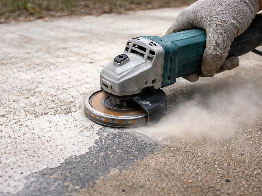 Angle grinder with diamond cup wheel grinding thick bonded paint on a concrete patio slab