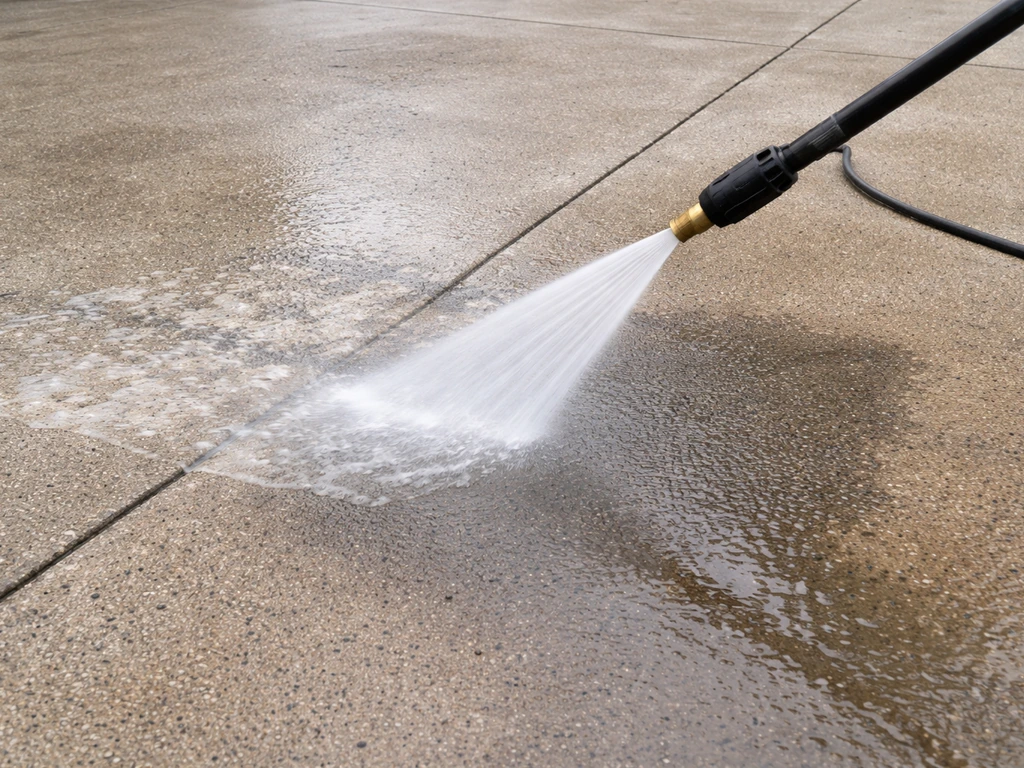 Concrete driveway being pressure-washed to rinse away paint residue after stripping
