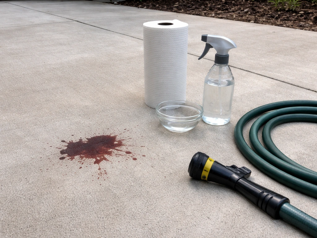 Blood stain on a concrete patio with cleaning supplies nearby for safe removal