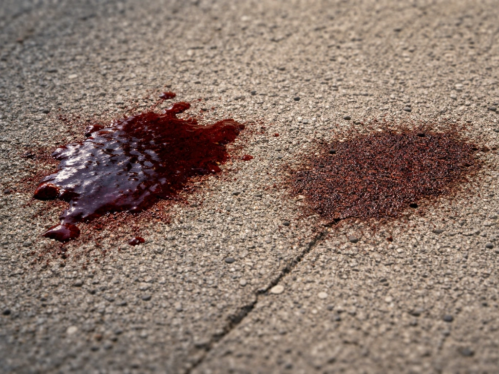 Close-up of fresh wet tacky blood and a dried blood stain on porous concrete, showing depth assessment