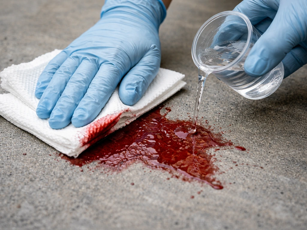 Close-up of paper towels pressing on fresh blood stain in gray concrete with cold-water use nearby.