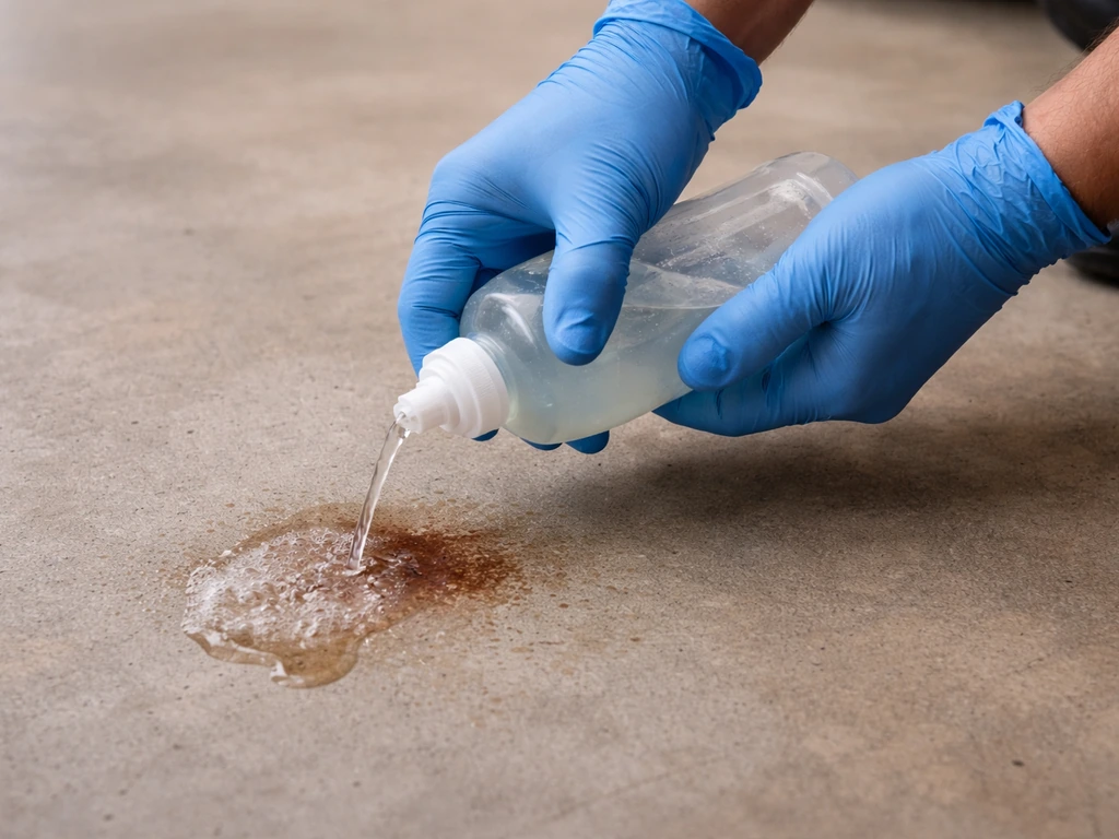 Gloved hands pour and spread enzyme cleaner over a dried blood-like stain on concrete.