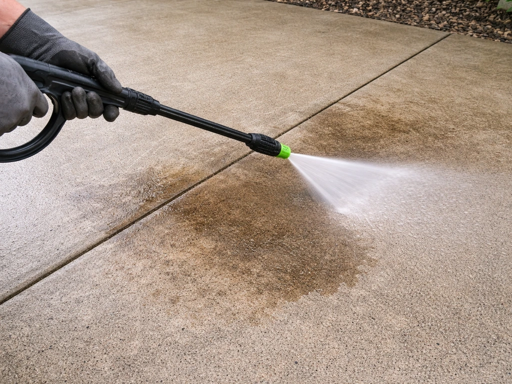 Pressure washer wand with fan-tip nozzle spraying water onto a concrete patio stain at safe distance