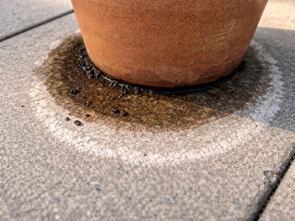 Close-up patio stain under a potted plant showing a dark organic ring and lighter chalky residue.