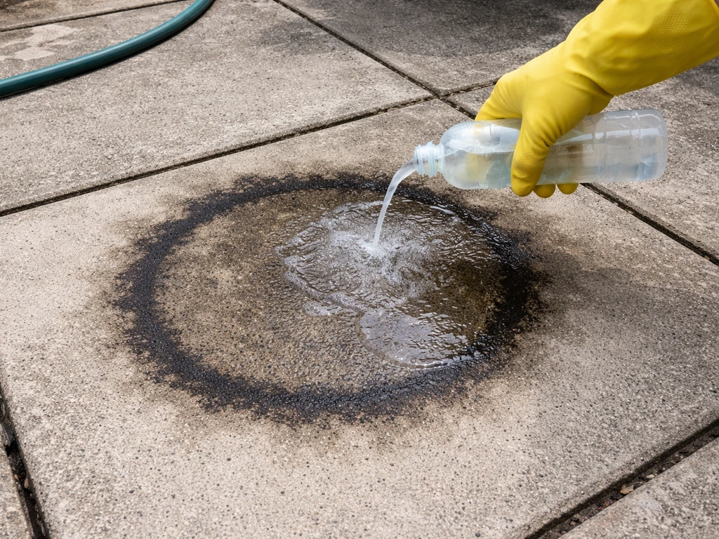 Hand applying diluted bleach cleaner to dark plant-pot ring on a concrete patio, then preparing to scrub.