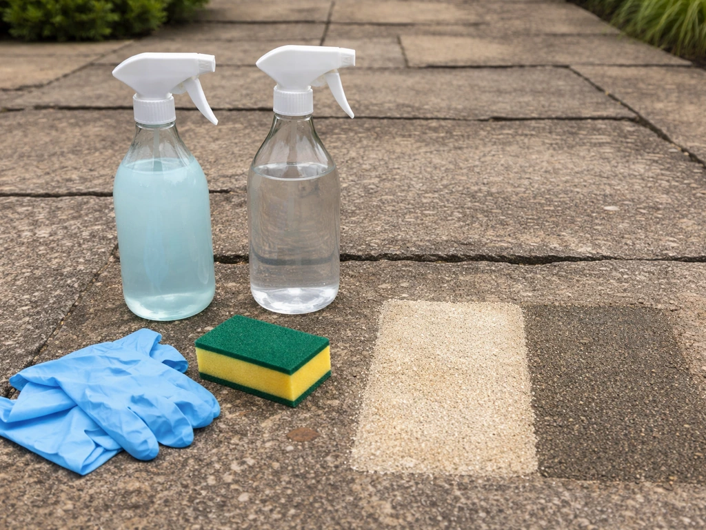 Two spray bottles side-by-side with a small patio test spot showing cleaner differences.