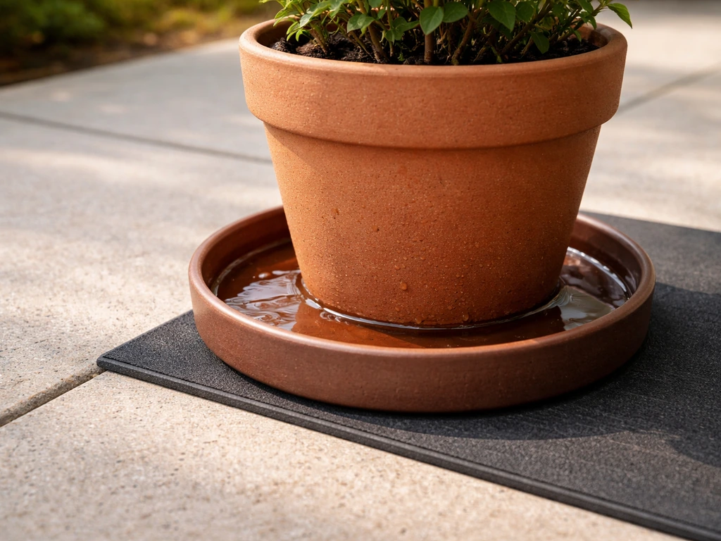 Terracotta pot on a deep drip saucer with barrier mat underneath on a clean patio to prevent runoff staining