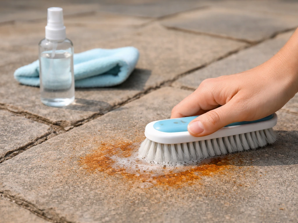 Rust stain on a flagstone patio being treated with a cleaner and soft brush, showing stone texture