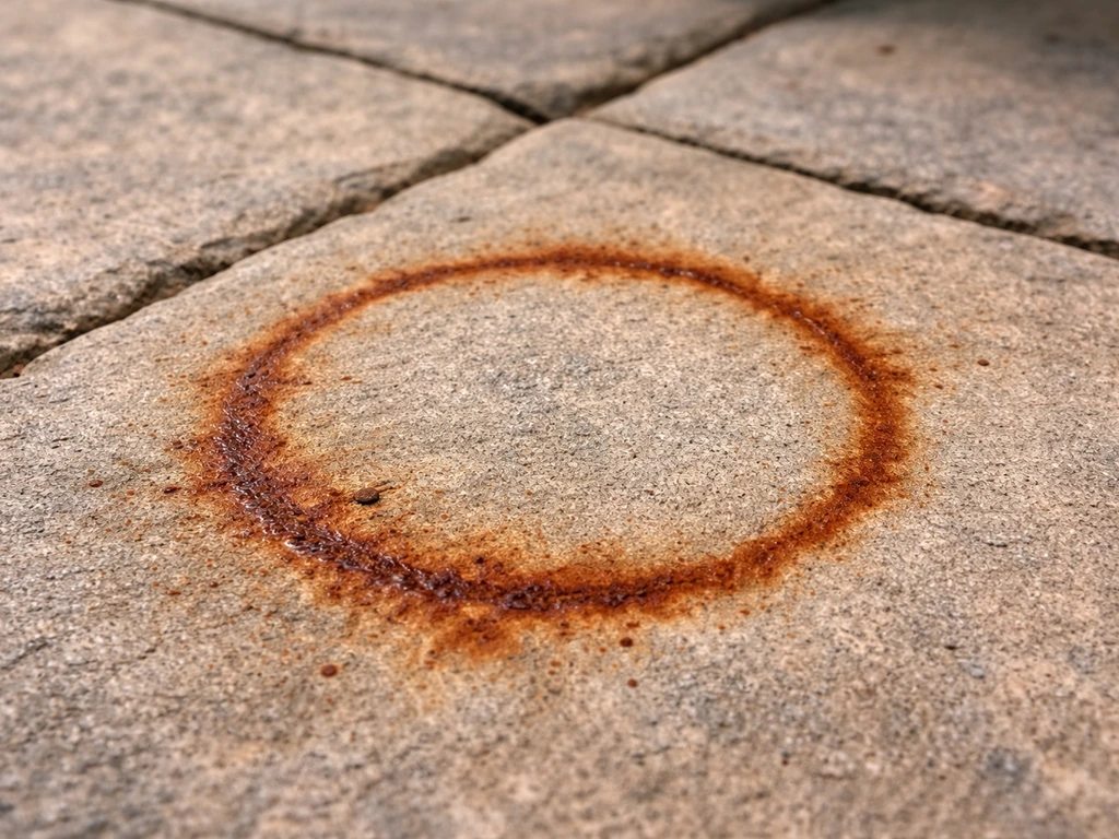 Close-up of a rust ring stain on a stone patio, highlighting the shape that suggests a metal source.