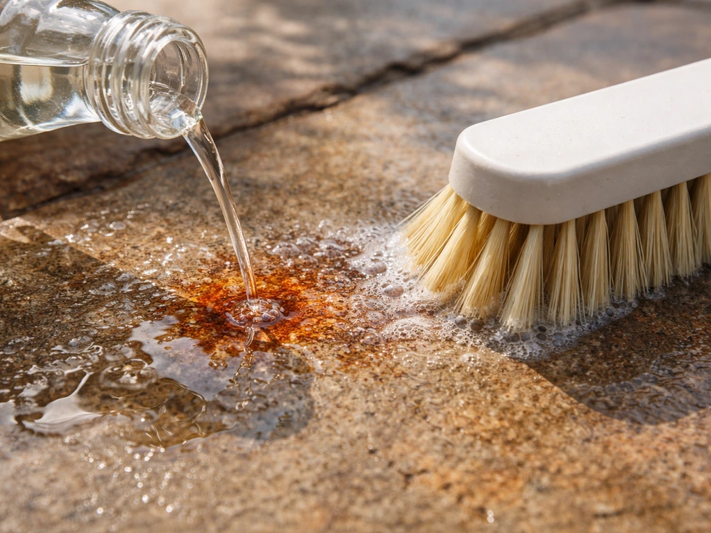 White vinegar poured onto a rust stain on stone, with water pre-wet and a nylon brush scrubbing.
