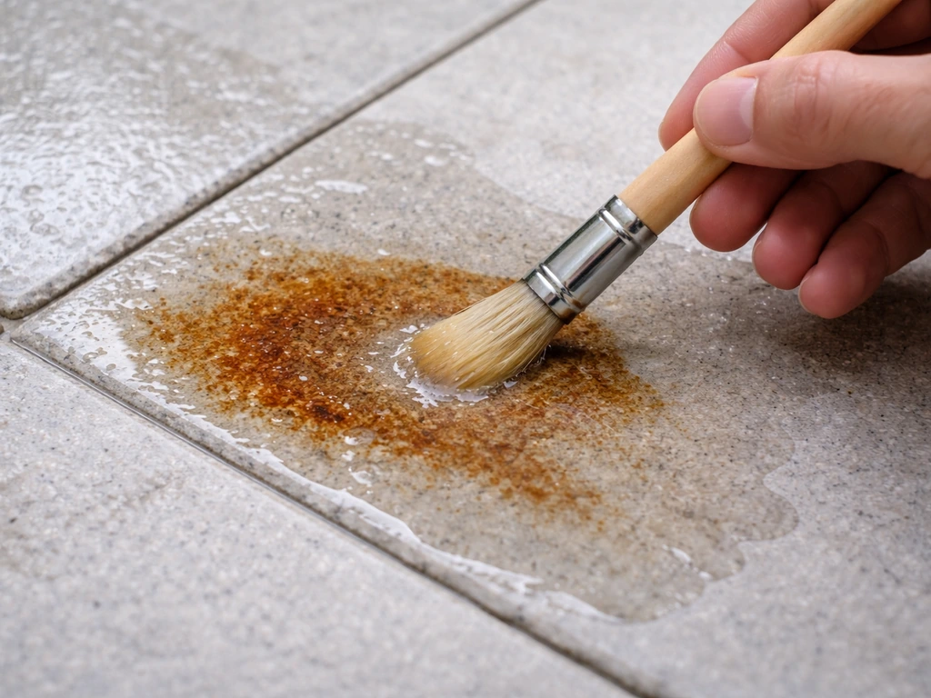 Careful oxalic acid solution application on a rust stain, with wet protection around a stone surface.