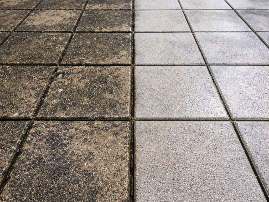 Patio pavers with black mold in grout lines next to a freshly cleaned, brighter section.