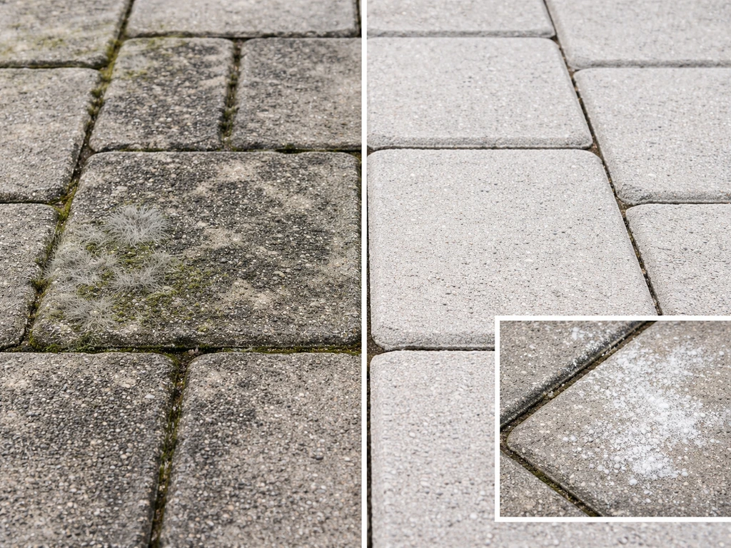 Side-by-side patio pavers: moldy dark fuzzy growth versus clean pavers, with chalky white efflorescence shown nearby.
