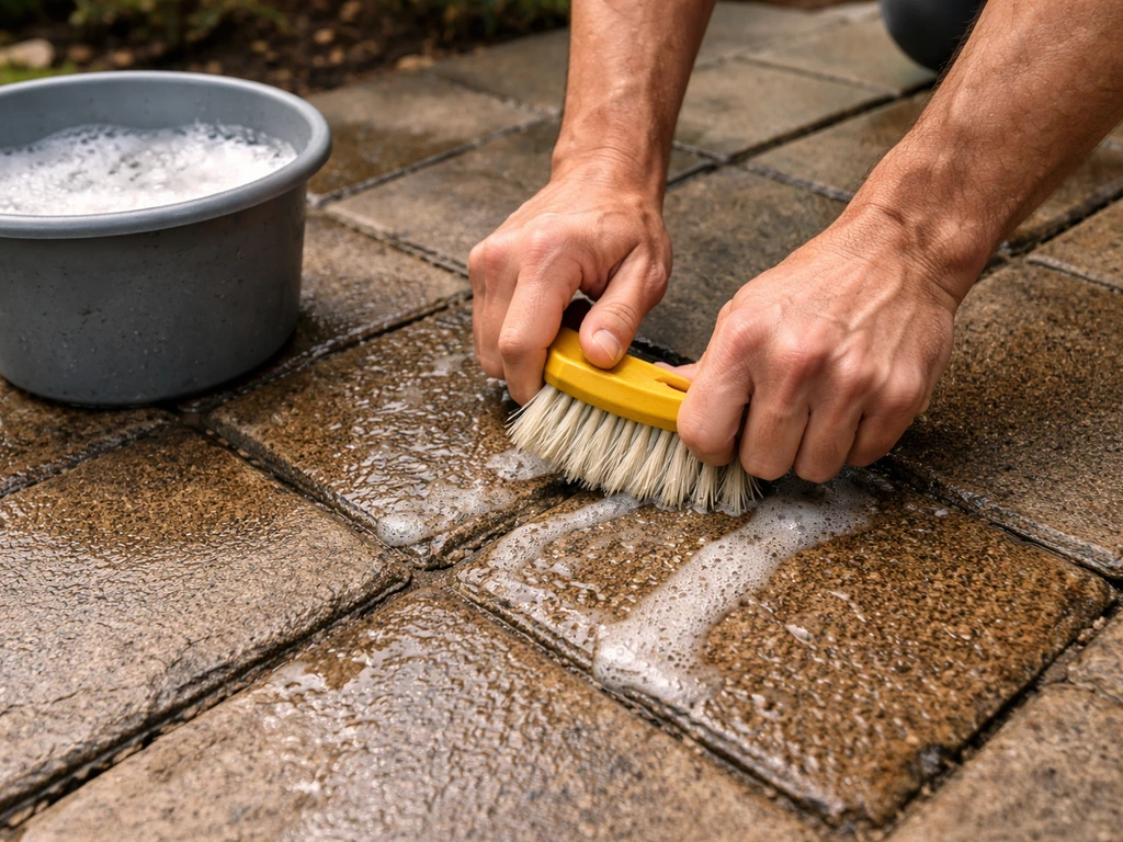 Person scrubbing patio pavers with a bucket and stiff brush, solution brushed into grout lines.