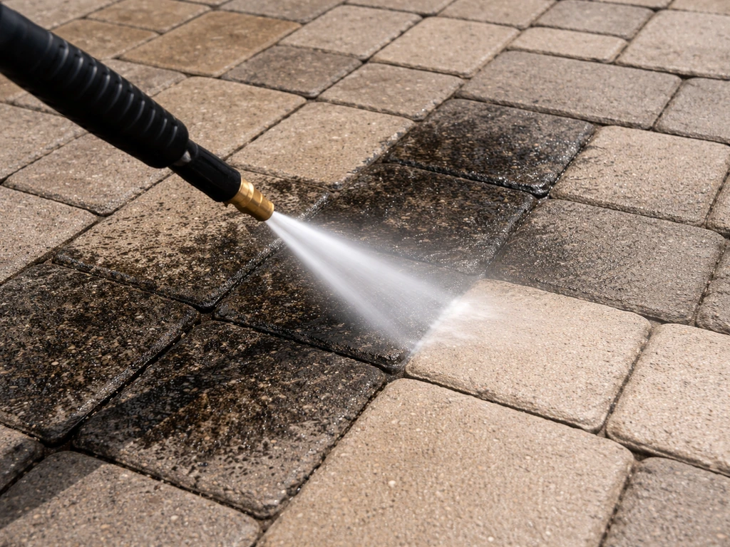 Pressure washer wand spraying low settings onto patio pavers to remove black mildew without damage