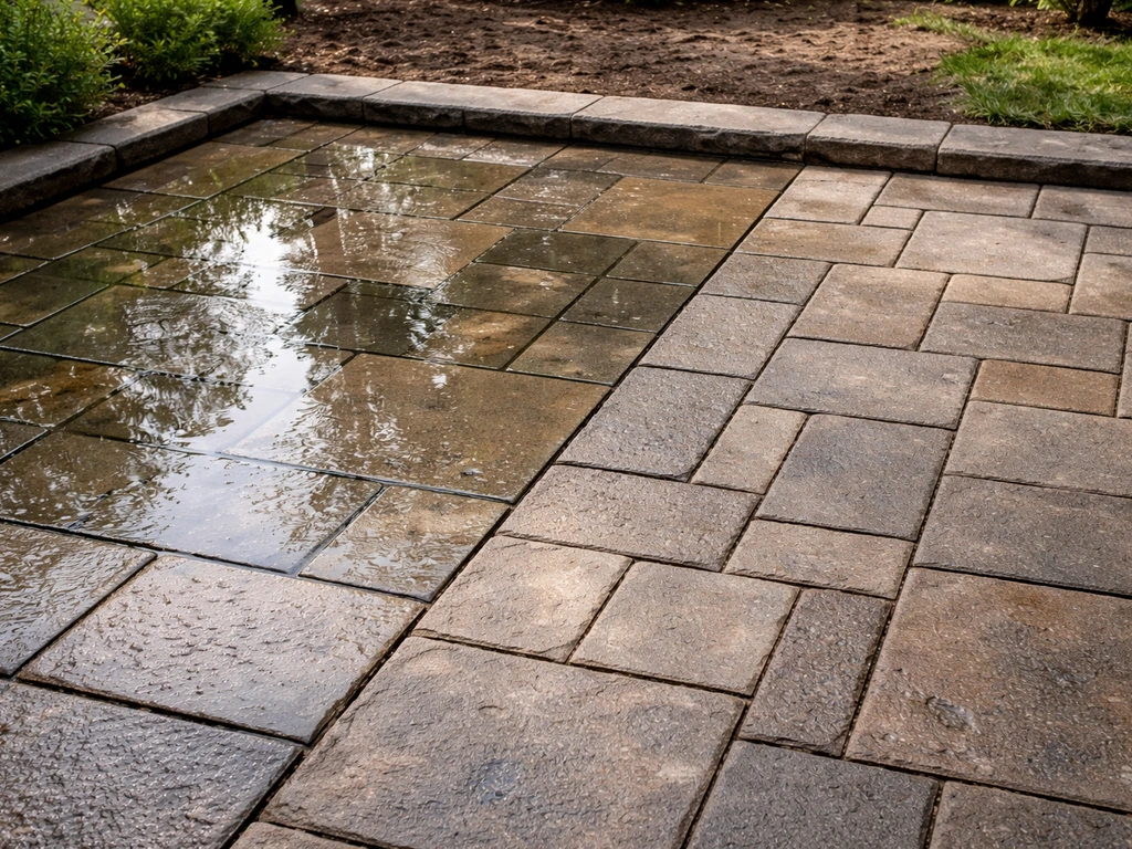 After-rain patio pavers: one area puddles with standing water, adjacent area drains and stays mostly dry.