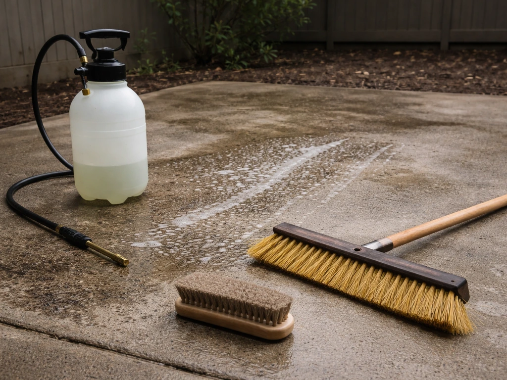 Concrete patio being cleaned with a degreaser and stiff brush, showing grime and prep for staining.