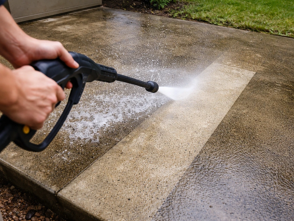Pressure washer blasting a concrete patio, cleaning a defined strip with visible residue lifting off.