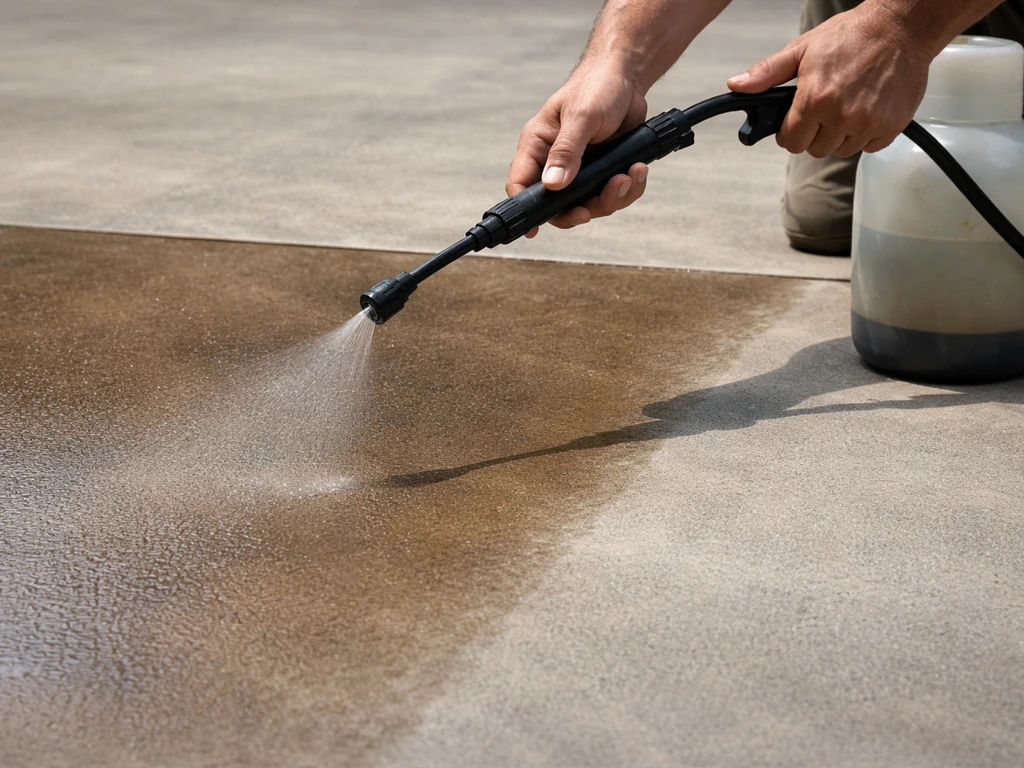 Close-up of a person using a pump garden sprayer on stained concrete in smooth controlled sections.