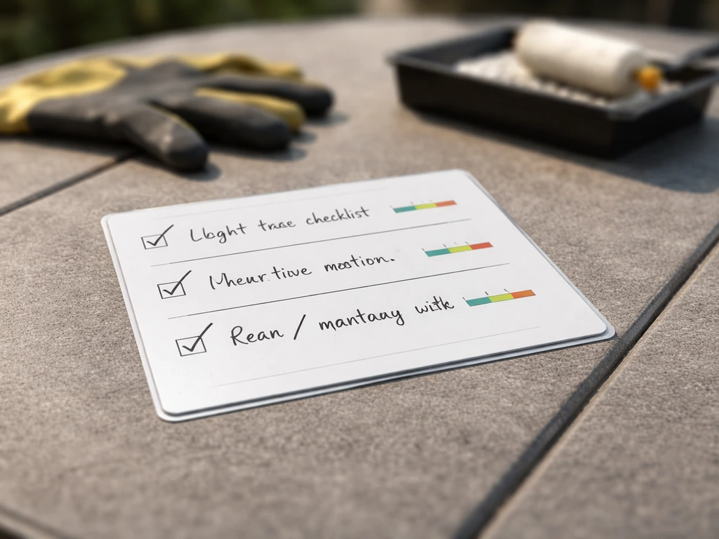 Printed checklist card on a patio showing simple wait-time markings for different sealers and conditions.
