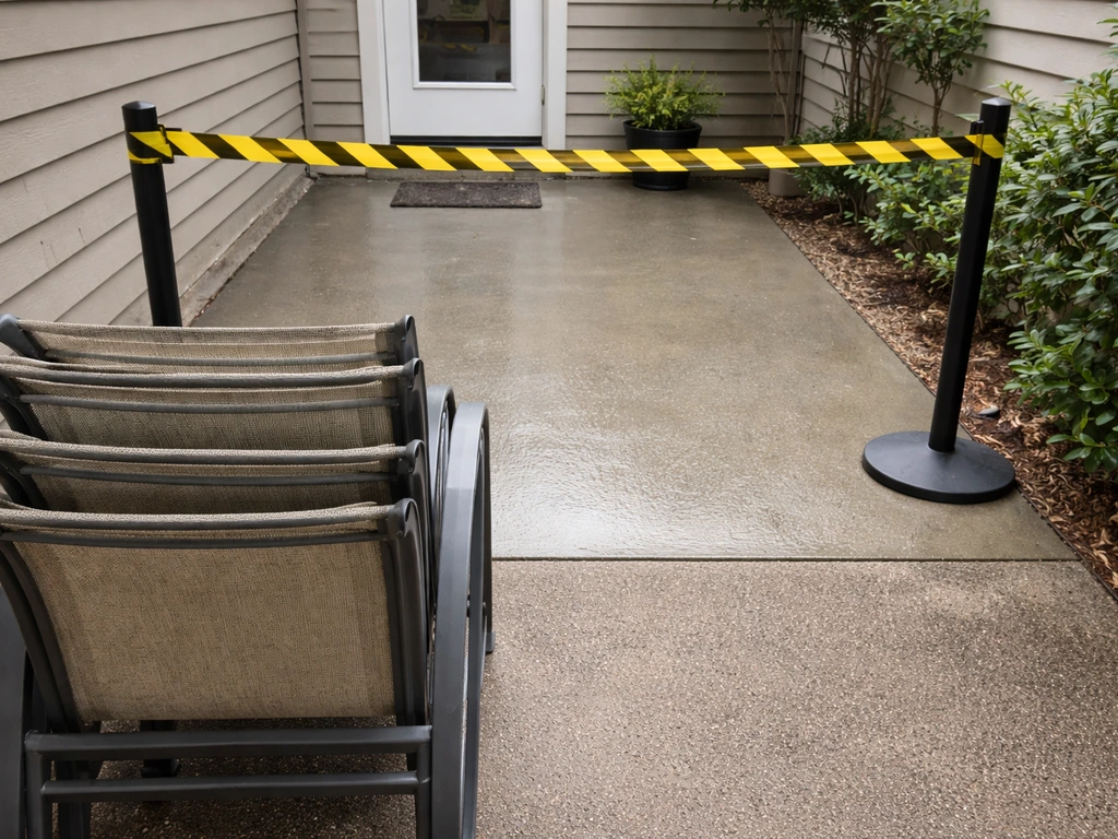 Caution tape and stacked chairs blocking a sealed patio walkway near a back door.