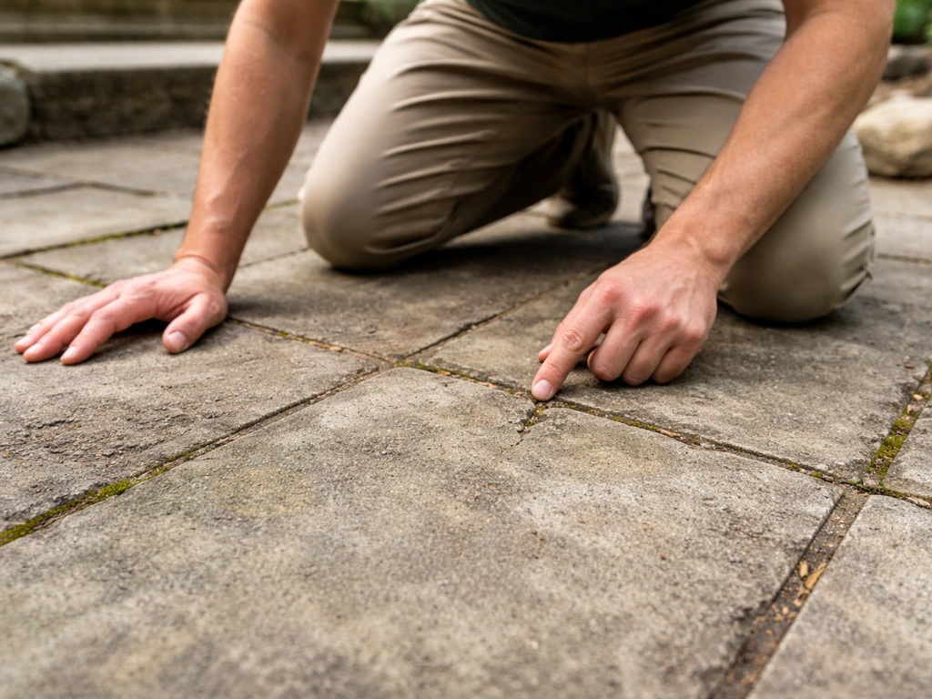 Anonymous person crouching to inspect a stone patio walkway with grime patches and small cracks.