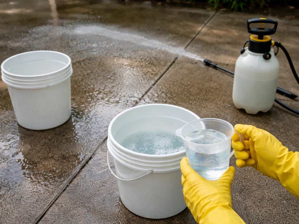 Person’s gloved hands mixing bleach solution and spraying it on wet concrete patio