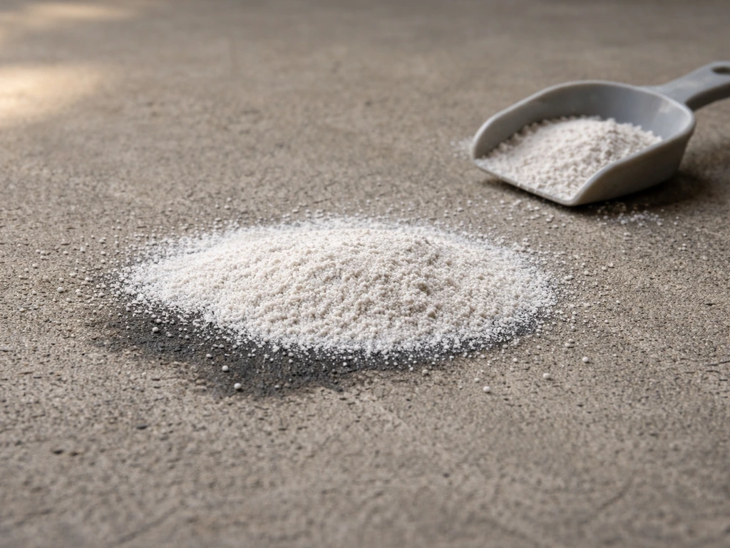 Absorbent powder spread over a dark oil stain on concrete, with a small spill area in focus