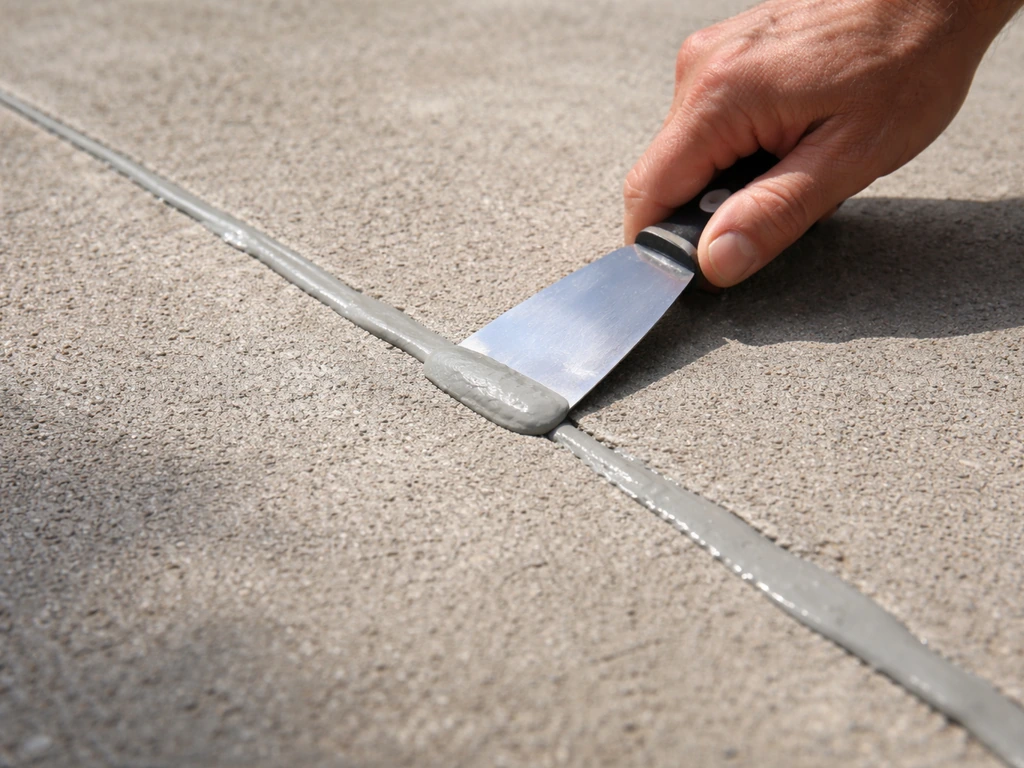Contractor smoothing a repaired concrete crack with a patching tool before priming and sealing.