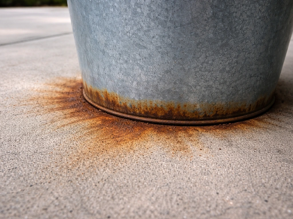 Rust-stained cement patio where a metal planter sits, showing orange oxidation at the contact area.