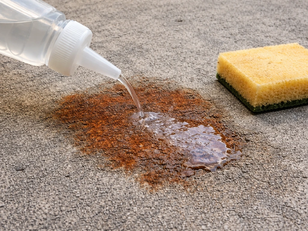 Undiluted white vinegar being poured onto a rust stain on concrete, soaking in from a small bottle.