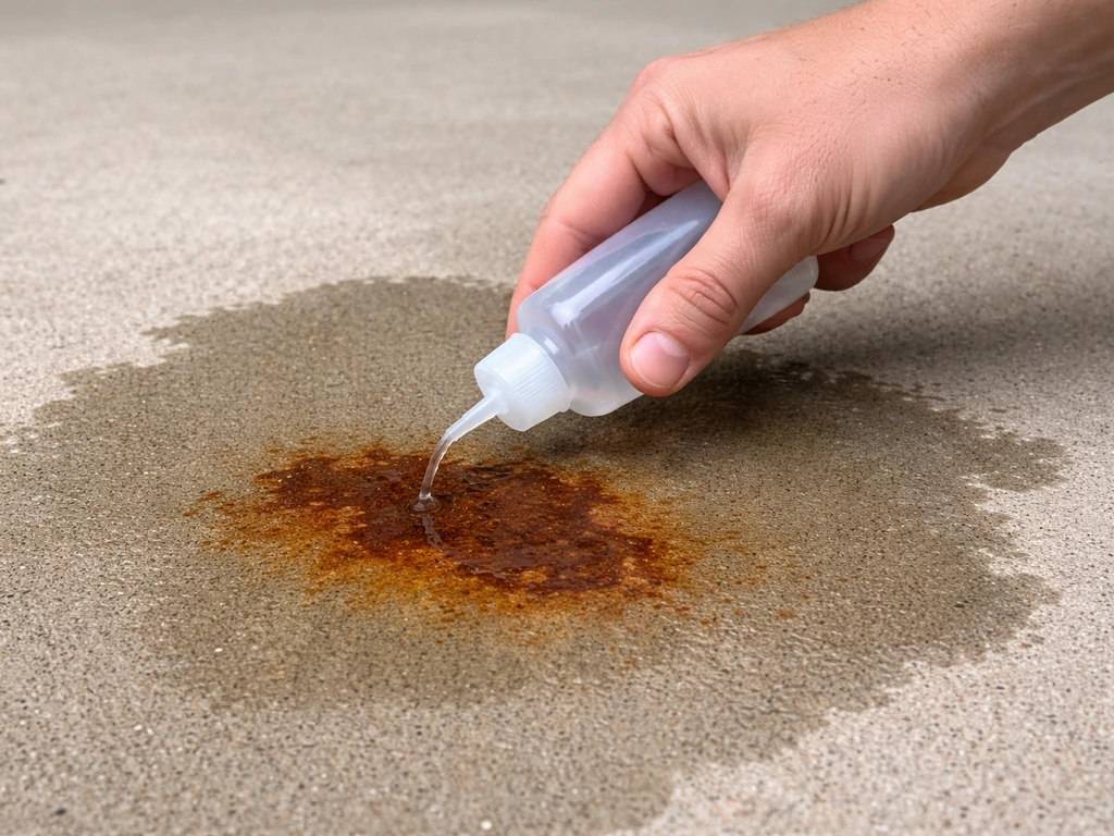 Anonymous hand applying oxalic-acid rust remover to a wet rust stain on concrete.