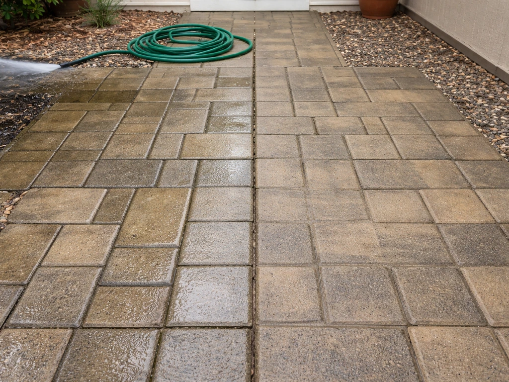 Patio with half pressure-washed, half hand-scrubbed sections showing different cleanliness levels.