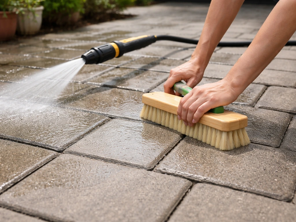 Gently rinsing and brushing patio pavers with joints intact, polymeric sand visible between stones.
