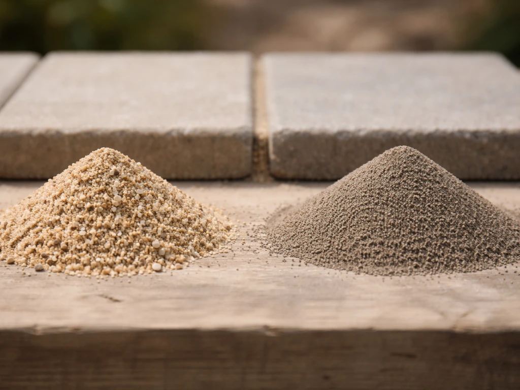 Close-up of two side-by-side sand types beside a paver seam with fine polymeric sand filling the gap.