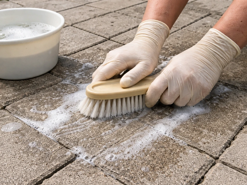 Gloved hands scrubbing lightly soiled pavers with a stiff brush in soapy warm water.