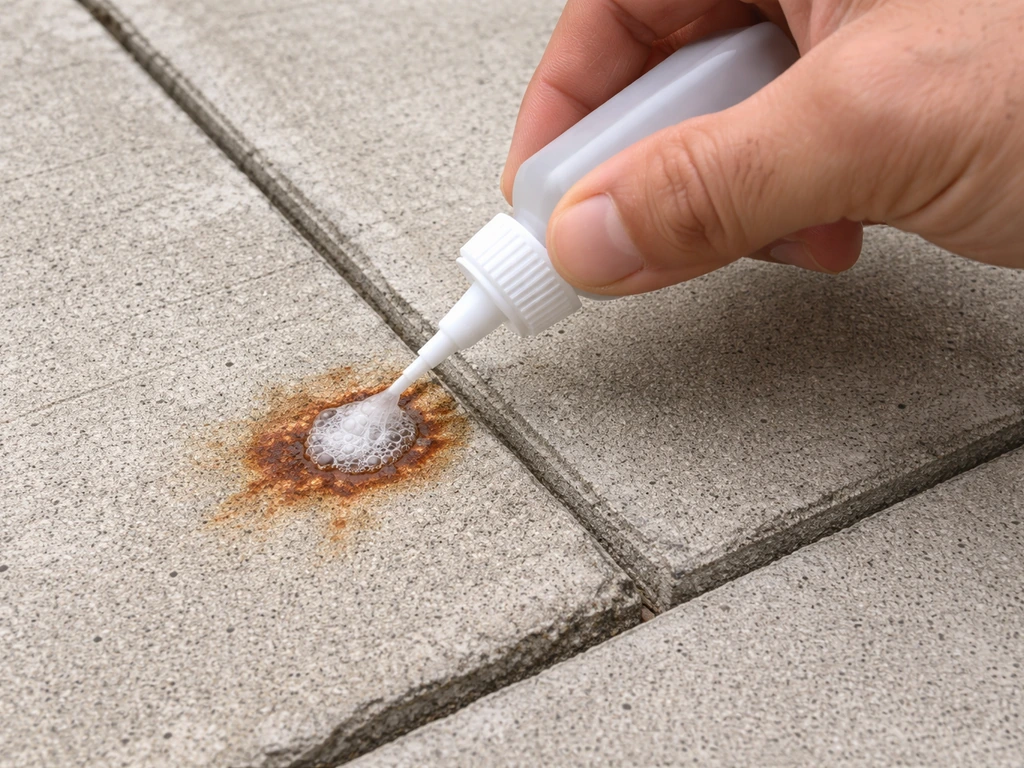 Close-up of oxygen cleaner applied to a single rust stain on a light concrete step, water kept off nearby joints.
