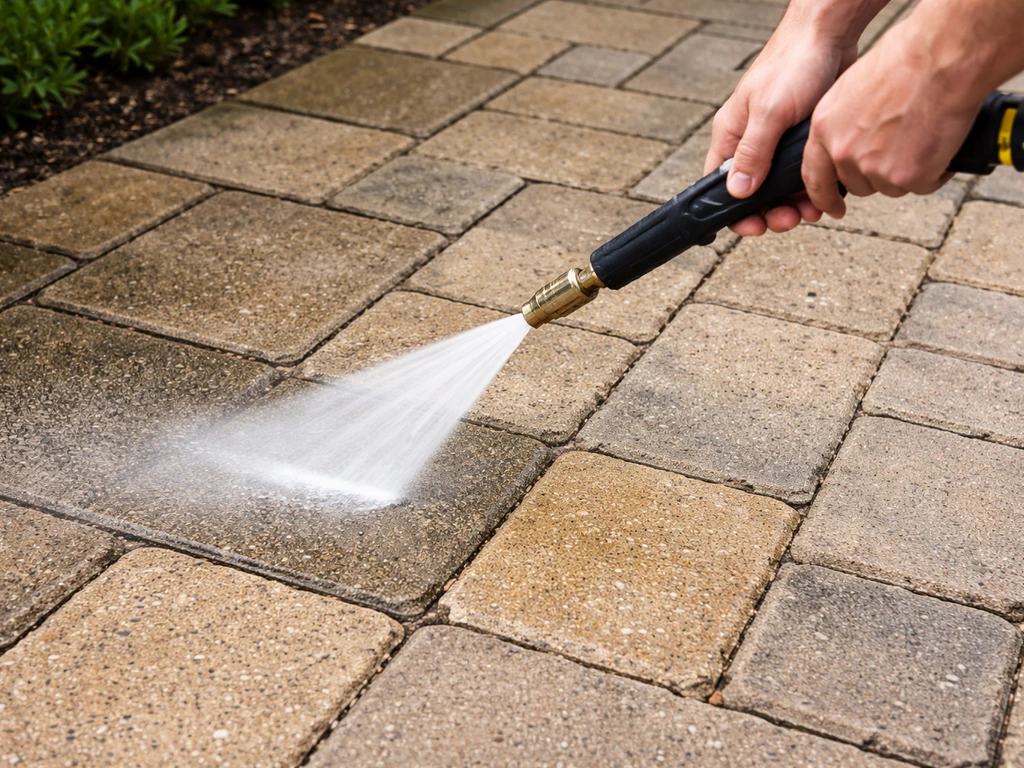 Hands holding a pressure washer with a wide fan nozzle cleaning pavers, keeping joint sand intact.