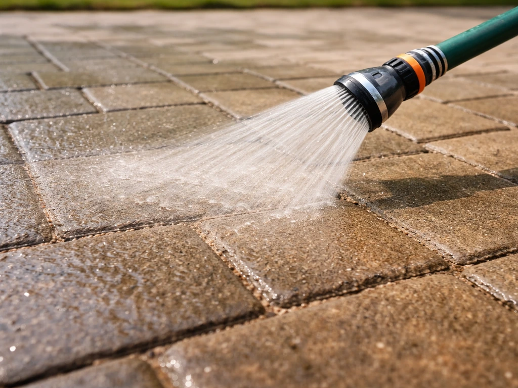 Low-angle fan-spray garden hose rinsing pavers, with pavers drying in the background.