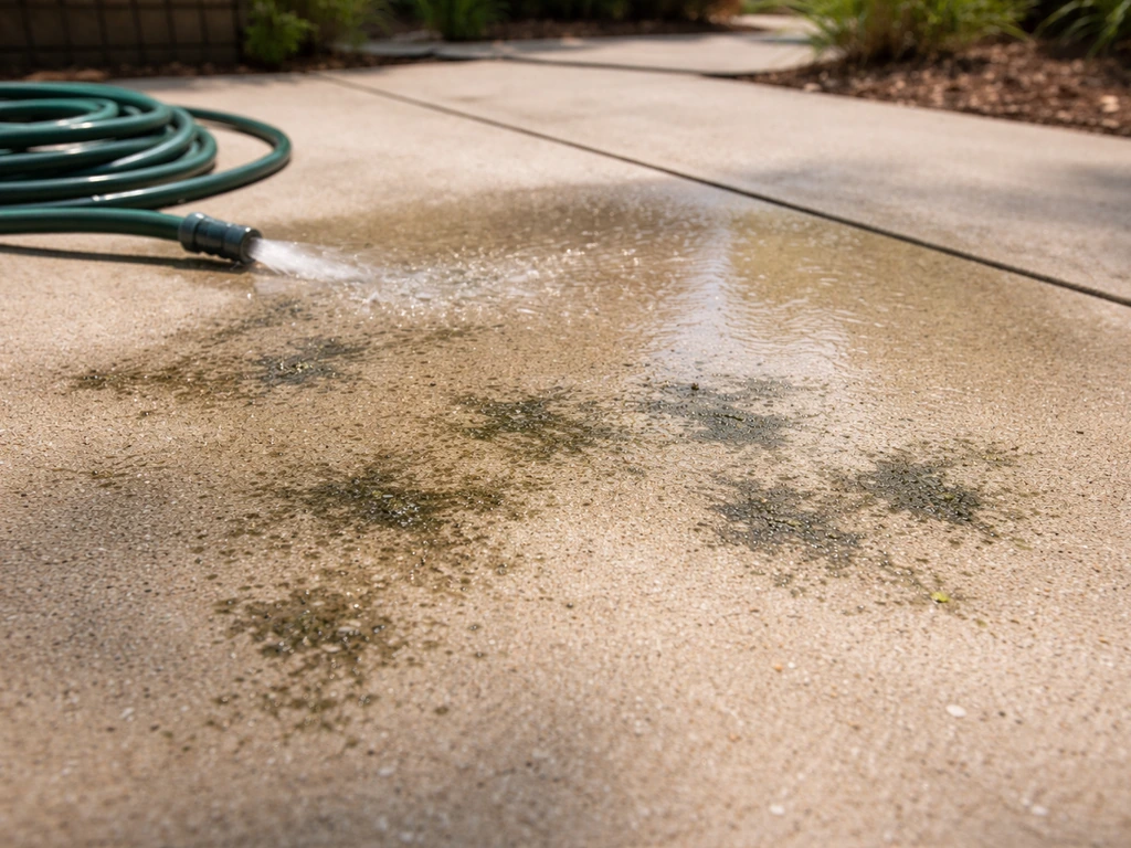 Sunlit concrete patio with dark mildew spots and a garden hose misting the stained area