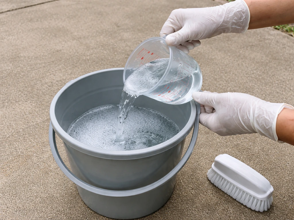Person mixing bleach dilution in a bucket with measuring cup, scrub brush staged near a concrete patio