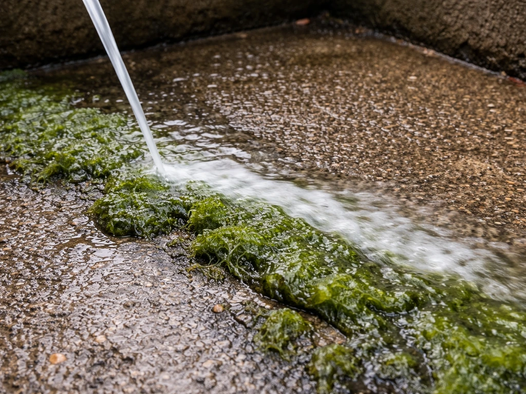 Close-up of green algae slime on damp concrete in shade with bleach solution being applied