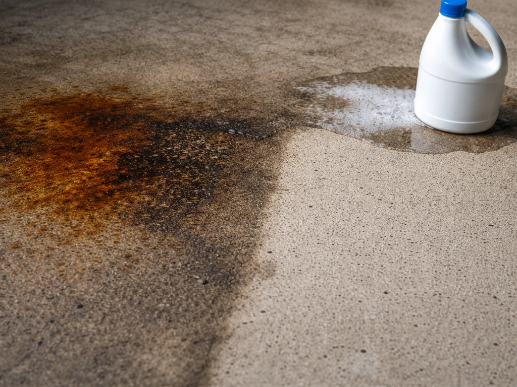 Close-up of stained concrete vs clean concrete, with a bleach bottle nearby that doesn’t remove rust/oil stains.