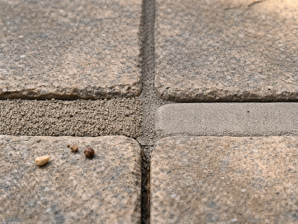 Close-up of two outdoor patio grout joints showing sanded vs unsanded texture on stone pavers.