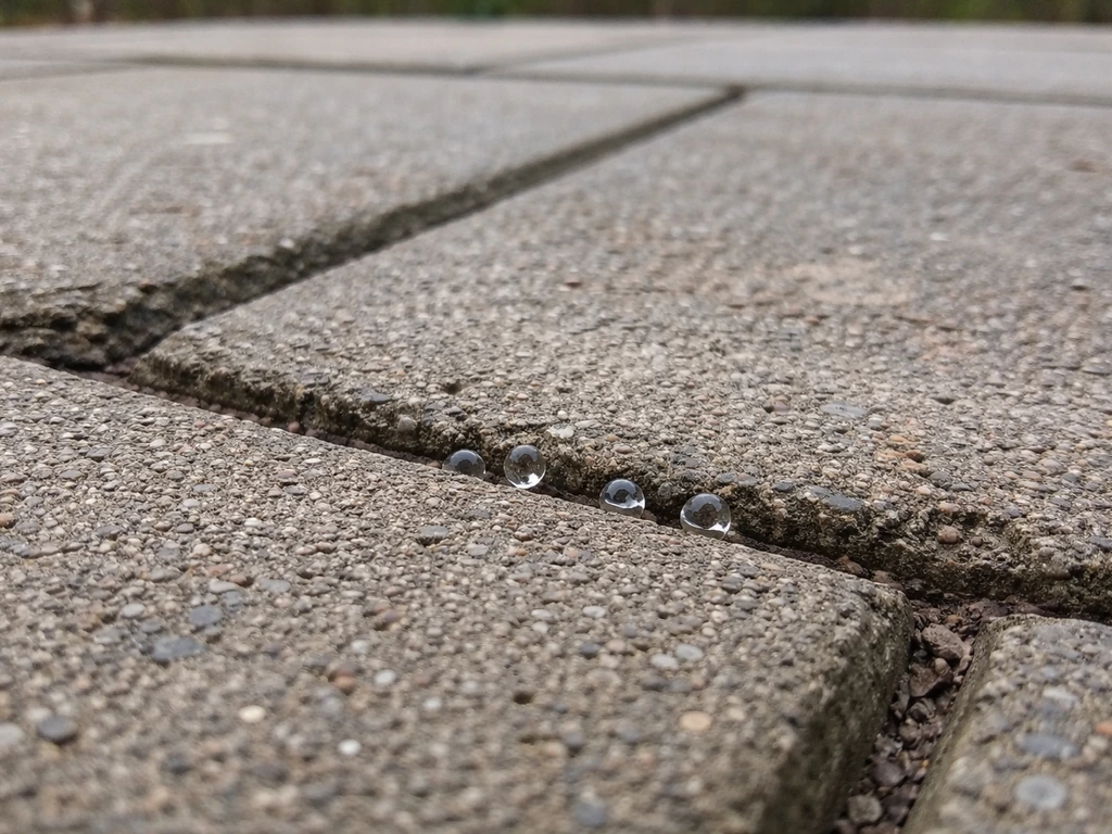 Small water droplets on a concrete patio surface to illustrate a quick sealer compatibility test.