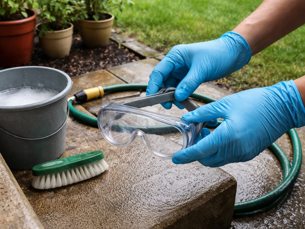 Gloved hands set on safety goggles as a hose wets nearby plants on a quiet patio.