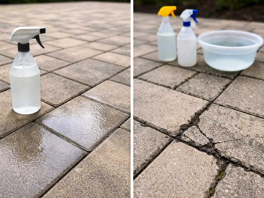 Minimal outdoor pavers showing intact vs cracked grout with generic unlabeled spray bottles and clear water rinse.