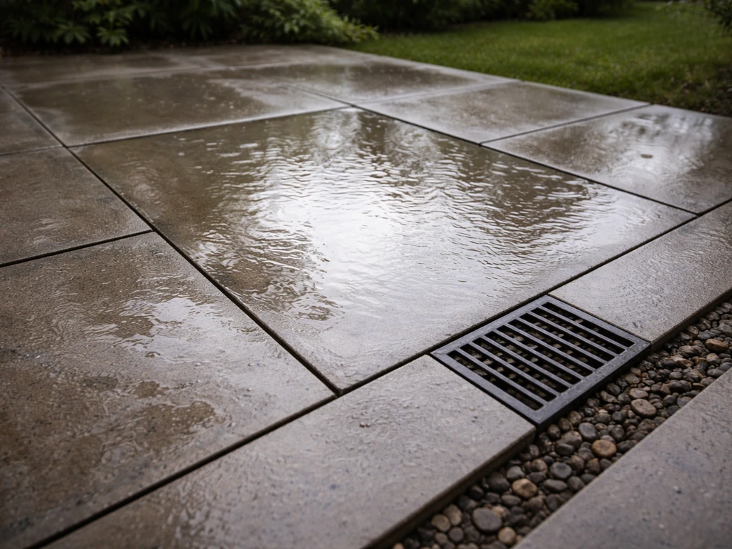 Rain-soaked patio with standing water pooled in a low spot near a drainage grate.