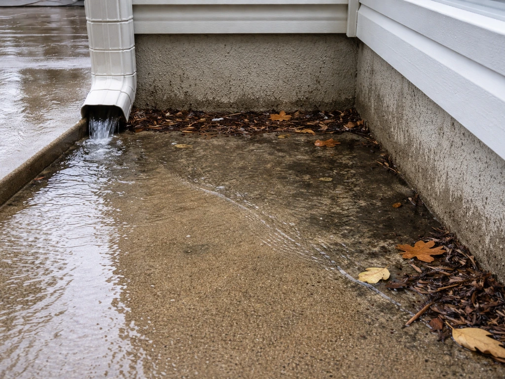 Rainwater pooling along a patio edge and near a house foundation after a storm