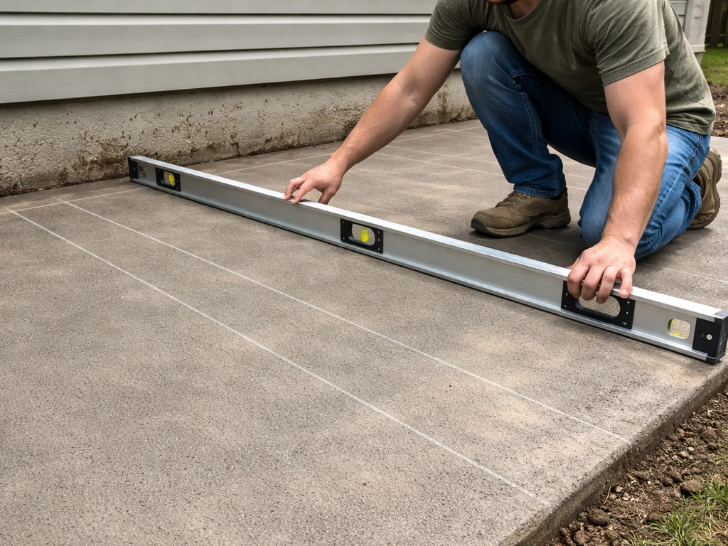 Person measuring a patio’s slope with a level and straightedge, marking fall direction away from the house.